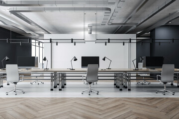 Front view on stylish spacious coworking office with modern computers on wooden tables, light chairs and blank white wall partition background and parquet and glossy floor. 3D rendering