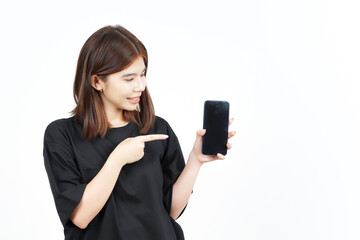 Showing Apps or Ads On Blank Screen Smartphone Of Beautiful Asian Woman Isolated On White Background