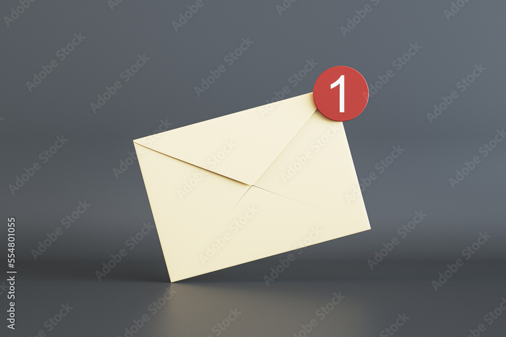 Aufkleber Newsletter or message concept with front view on beige email paper envelope with white unit in red circle on the corner on dark background. 3D rendering