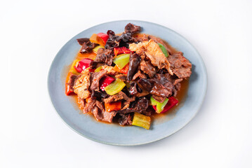 meat with vegetables, mushrooms on a white background