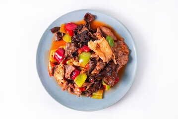 meat with vegetables, mushrooms on a white background