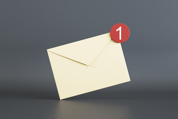 Newsletter or message concept with front view on beige email paper envelope with white unit in red circle on the corner on dark background. 3D rendering