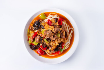 lagman with mushrooms on a white background