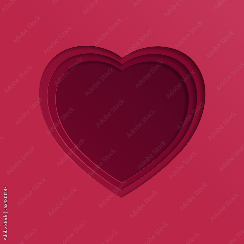 Wall mural 3d gradient background. red paper cut out heart shape pattern in layers. trend color of the year 202