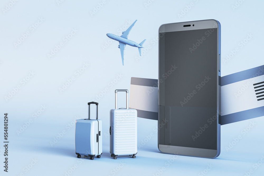 Poster creative online tour booking concept. empty mock up cellphone screen with abstract suitcases, airpla