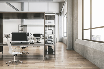 Clean loft concrete and wooden coworking office interior with furniture and window with city view. 3D Rendering.