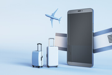 Creative online tour booking concept. Empty mock up cellphone screen with abstract suitcases, airplanes and tickets on blue background. 3D Rendering.