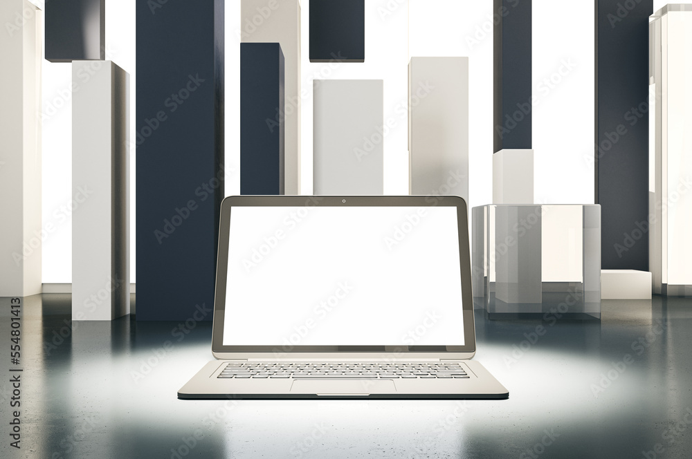 Leinwandbilder close up of laptop in spotlight and with empty white mock up monitor, placed on abstract geometric b