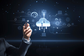 Close up of businessman hand pointing at digital cloud computing hologram on blurry background. Cloud data, server, service and hosting concept.