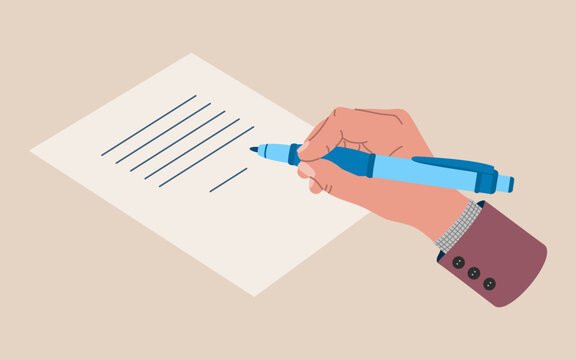 Male hand holding a pen and writes on sheet of paper. Hand drawn colored vector illustration isolated on light background. Flat cartoon style.