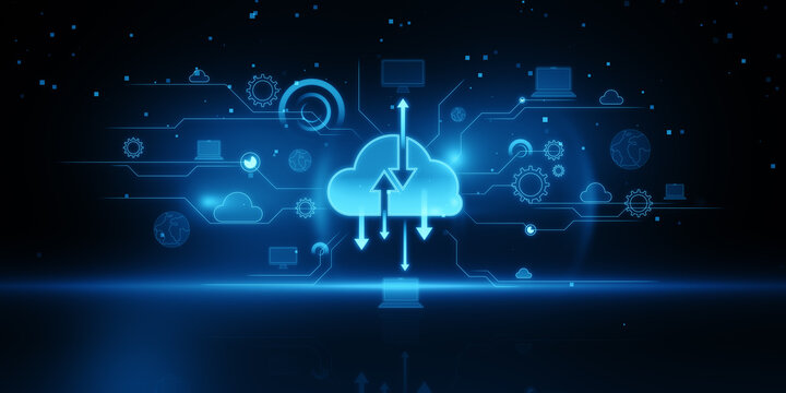 Digital cloud computing hologram on blurry blue background. Cloud data, server, service and hosting concept. 3D Rendering.
