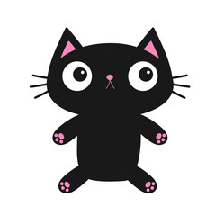 Black cat kitten sitting toy. Pink paw print. Cute cartoon baby character. Funny face head silhouette. Happy Halloween. Meow. Kawaii animal. Pet collection. Flat design. White background.