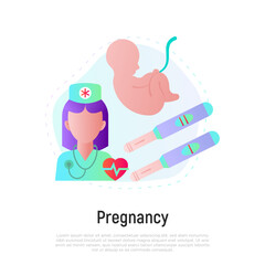 Pregnancy concept with flat gradient icons. Positive and negative pregnancy test. Development of fetus in uterine. Gynecology. Urine stick. Vector illustration.