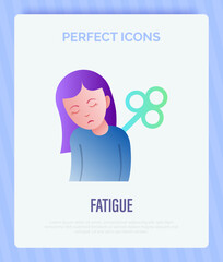 Fatigue, tiredness, apathy gradient flat icon. Tired girl with clockwork on the back. Post-covid syndrome. Vector illustration.