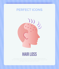 Hair loss. Bald place on men scalp. Alopecia thin line icon. Vector illustration.