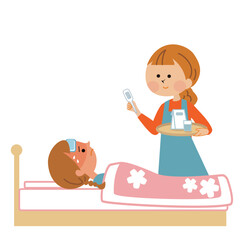 子供の看病をするお母さん