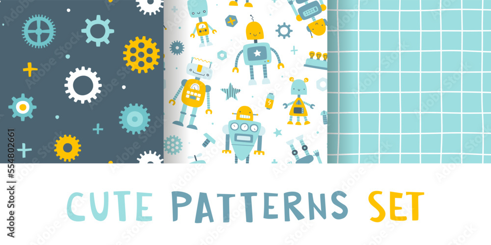 Canvas Prints cute scandinavian robot pattern set. seamless vector prints collection for baby boys textile and app