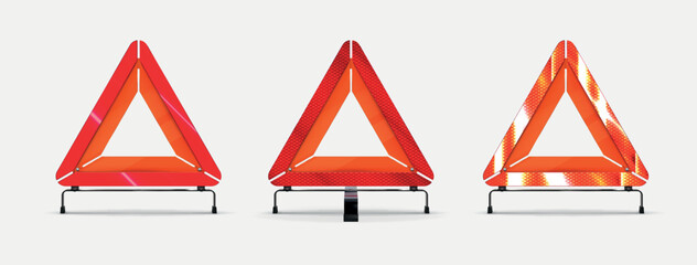 Warning car sign. Road sign vector illustration symbol object. Icon style realistic design. Emergency stop isolated under the white background. Red reflective warning triangle sign. 3 versions.