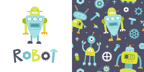 Cute pattern with silly robots for kids. Funny seamless vector print set for baby textile and apparel.