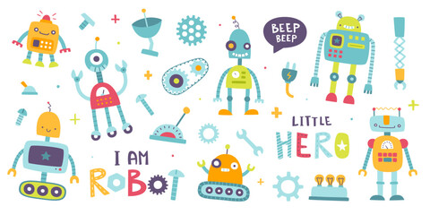 Fototapeta na wymiar Cute robots set for kids. Cartoon funny robotic collection for baby boys. Funny machine sticker bundle.