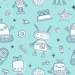 Cute doodle robot pattern. Seamless outline blue vector print for baby textile and apparel.