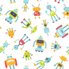 Pattern with funny robots for kids. Seamless vector print with cute robots for baby textile and apparel.
