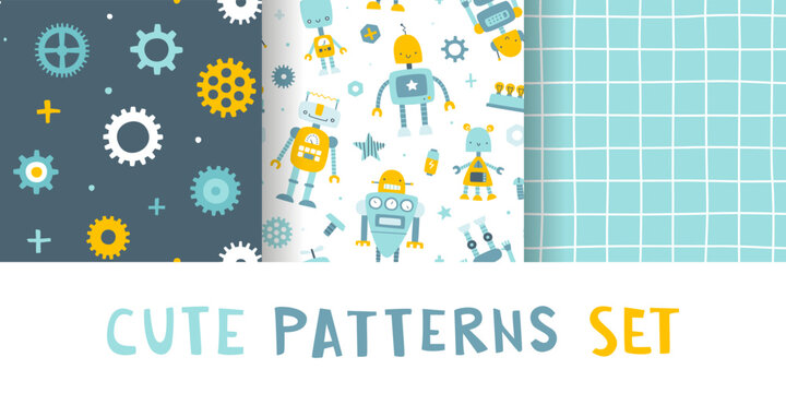 Fototapeta Cute scandinavian robot pattern set. Seamless vector prints collection for baby boys textile and apparel.