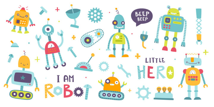 Naklejki Cute robots set for kids. Cartoon funny robotic collection for baby boys. Funny machine sticker bundle.