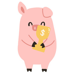 Pig holding trophy vector illustration in flat color design