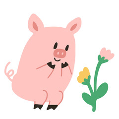 Obraz na płótnie Canvas Pig sitting with flowers vector illustration in flat color design