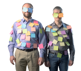 Smiling businessmen covered with sticky notes