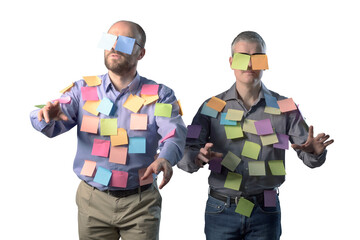 Zombie men covered with sticky notes