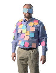 Funny businessman covered with sticky notes