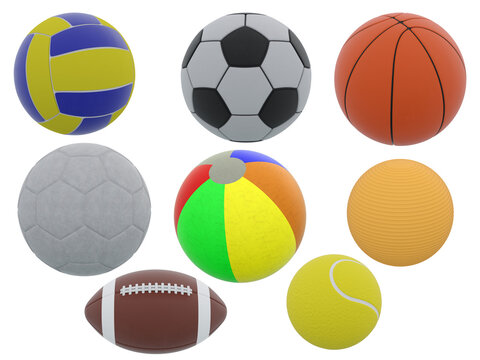 3D Render : collection of sport ball mockup including football, soccer, tennis, volleyball, basketball, beach ball, American football, rugby, handball, yoga ball for graphic resource, PNG transparent
