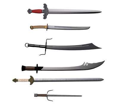 3D Render : Set of Chinese saber, blade, sai and sword, traditional weapon mockup for graphic resource, PNG transparent