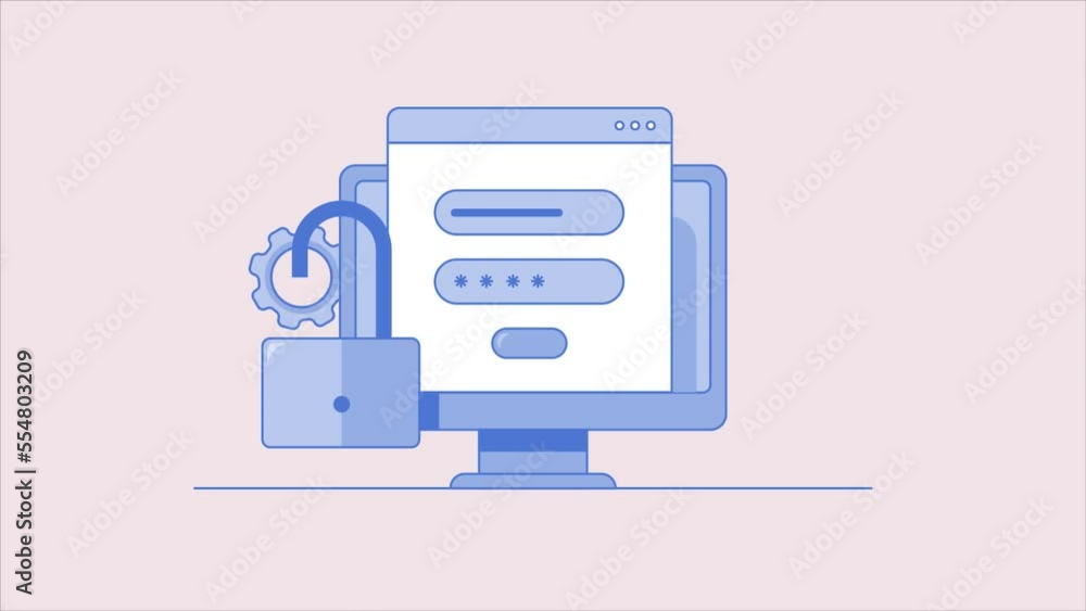 Poster user putting password information on website login page, cyber security data protection video animat