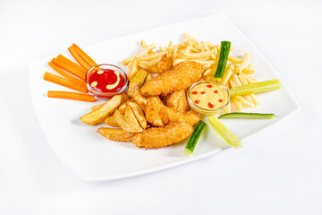 chicken nuggets with french fries and sauce on the white background