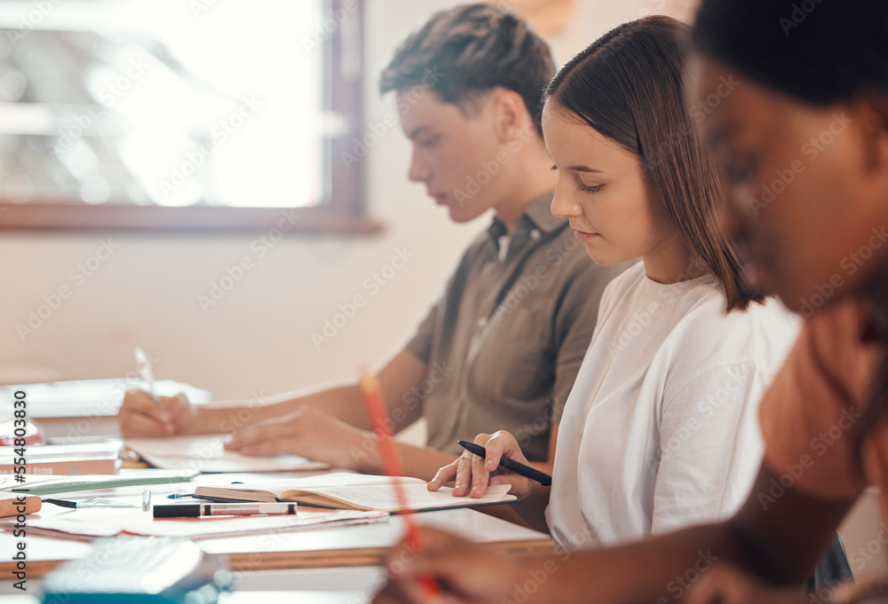Poster Education, writing and exam with students in classroom of college for academy, knowledge and learning. Study, school and notebook with people in university lecture for future, scholarship and goal