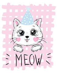 Cute cat with text inscription meow vector illustration, print design kitten, children print on t-shirt girl.