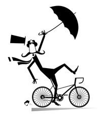 Rainy and windy day and man rides a bike illustration. 
Strong wind and rain. Cycling long mustache man in the top hat loses his hat and umbrella. Black on white
