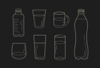 set of glasses with water, bottles, doodle. collection for shop, poster, banner black with white lines