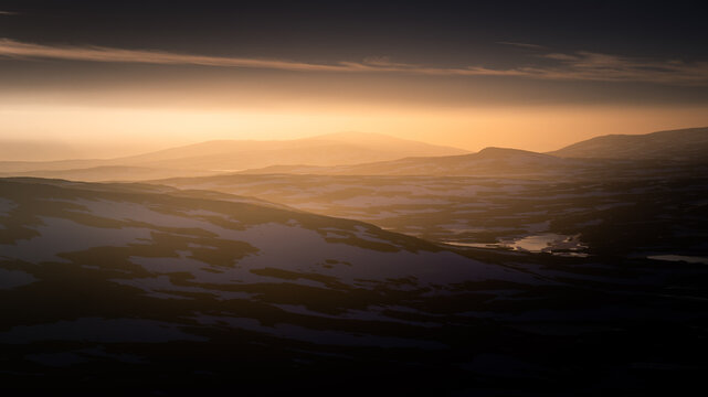 Aerial Overview Above Swedish Mountains during the midnight sun, Sarek, Sweden, Kings trail
