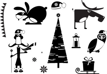 Christmas and New Year set.
Christmas and New Year set. Black on white background
