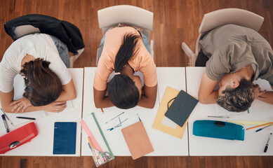 Sleeping, study and desk group students with learning, education and school fatigue, depression or...