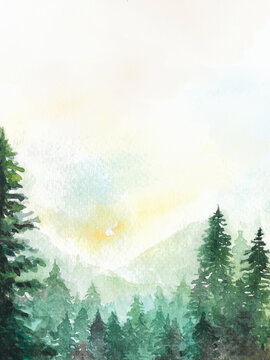 Green natural pine tree forest with mountain in background watercolor painting