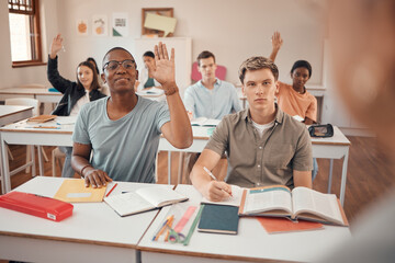 Fototapeta premium Classroom, knowledge question and students hands with exam learning problem, education fail or language teacher assessment. Hand sign, school and youth or teenager group in teaching course for a test