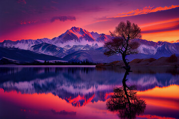 Fototapeta na wymiar Majestic mountain range at sunrise with small lake and lone tree in foreground.