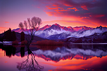 Fototapeta na wymiar Majestic mountain range at sunrise with small lake and lone tree in foreground.
