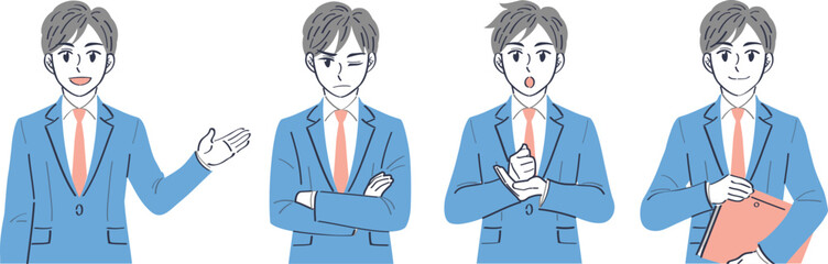 ビジネススーツの男性　表情ポーズの上半身イラストセット（案内する　イライラする　気づく　納得）