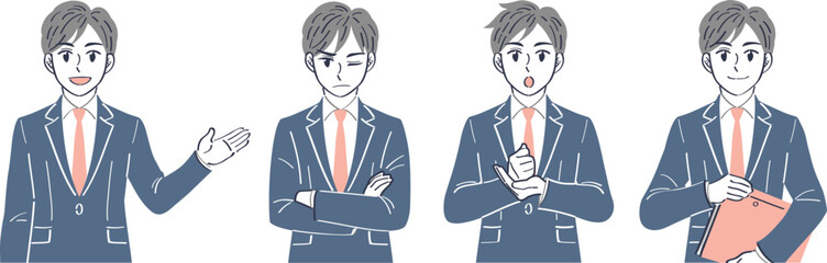 ビジネススーツの男性　表情ポーズの上半身イラストセット（案内する　イライラする　気づく　納得）